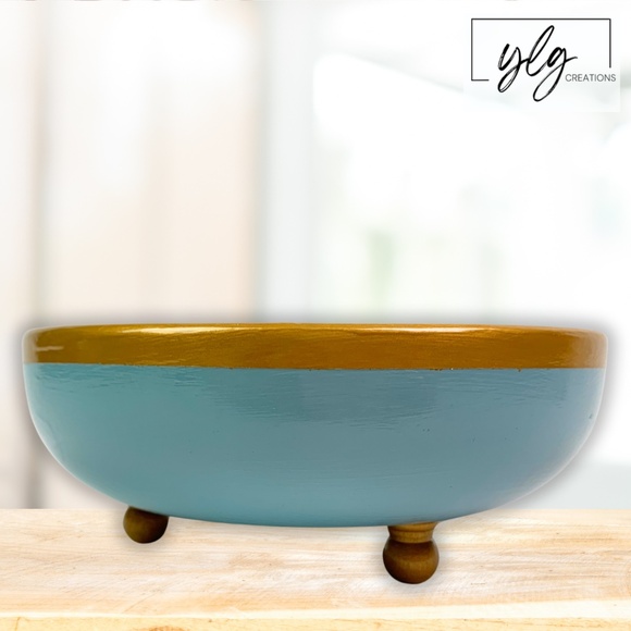 Wood Bowl Hand Painted Glossy Gold French Blue Footed Jewelry Trinket Dish - Picture 1 of 9